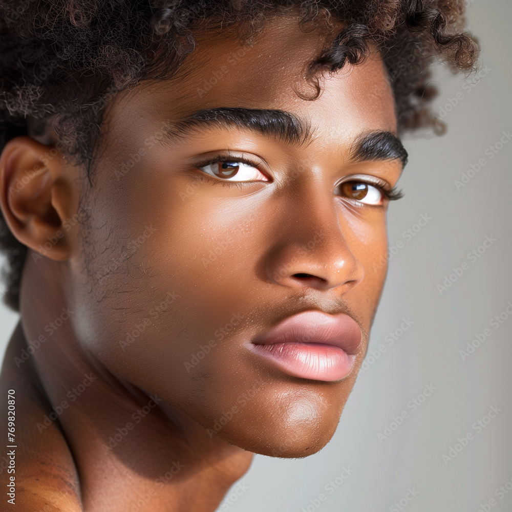 Young man showcasing perfect skin, Clean and clear, Soft studio lighting to highlight the skin's texture and tone, Neutral backdrop to keep focus on the complexion Young man showcasing perfect skin, Clean and clear, Soft studio lighting to highlight the skin's texture and tone, Neutral backdrop to keep focus on the complexion