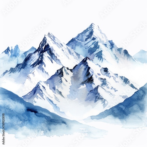 Watercolor snowy mountain peaks under a clear winter sky, isolated on white