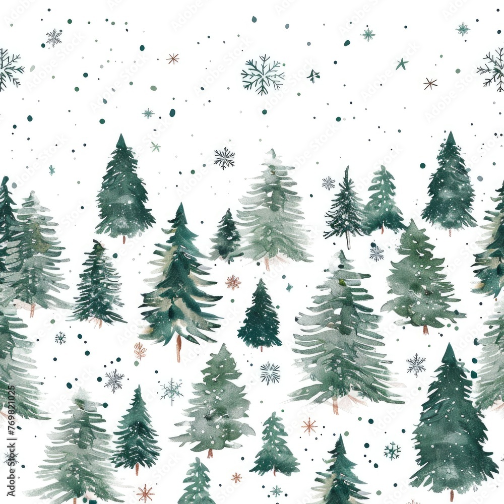 Obraz premium Winter wonderland with snowflakes and pine trees in watercolor, white background
