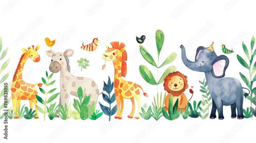 A cheerful watercolor decal showing a parade of jungle animals with Adventure Awaits on Your Birthday in a playful script A cheerful watercolor decal showing a parade of jungle animals with Adventure Awaits on Your Birthday in a playful script