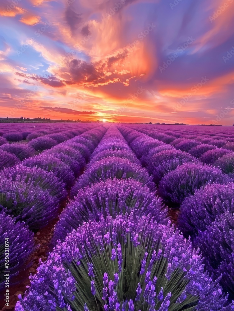 Golden sunset hues envelop a lush lavender field, creating an ethereal landscape with a majestic mountain backdrop.