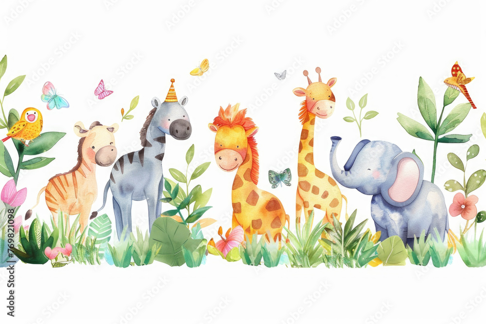 Naklejka premium A cheerful watercolor decal showing a parade of jungle animals with Adventure Awaits on Your Birthday in a playful script