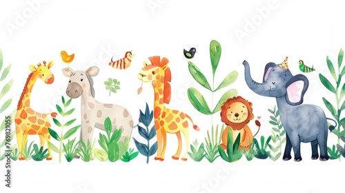 A cheerful watercolor decal showing a parade of jungle animals with Adventure Awaits on Your Birthday in a playful script © Pungu x
