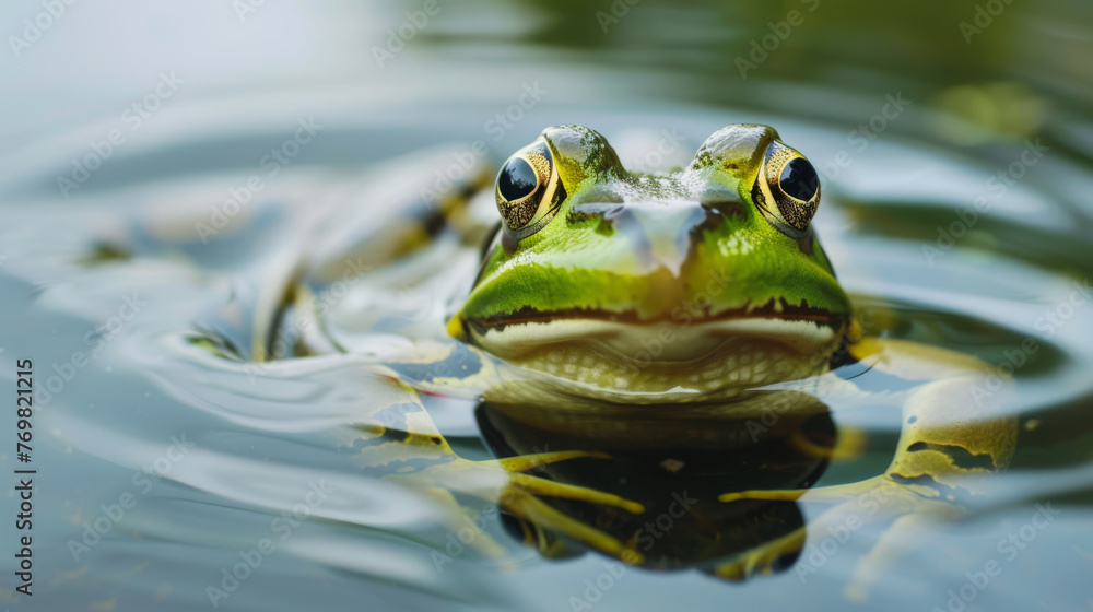 A green frog, a charming amphibian, basks in the serene waters of a lake or river, blending seamlessly with its natural habitat. A green frog, a charming amphibian, basks in the serene waters of a lake or river, blending seamlessly with its natural habitat.