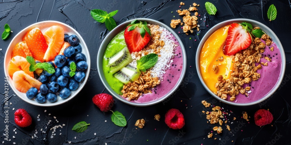 Colorful smoothie bowls topped with fresh fruits and granola. 