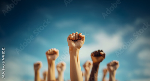 Empowerment in Action Raising Fists in the Air, Symbolizing Strength and Unity