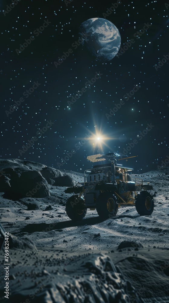 Fototapeta premium 1950s style moon rover road trip, exploring lunar landscapes, picnic under Earthrise