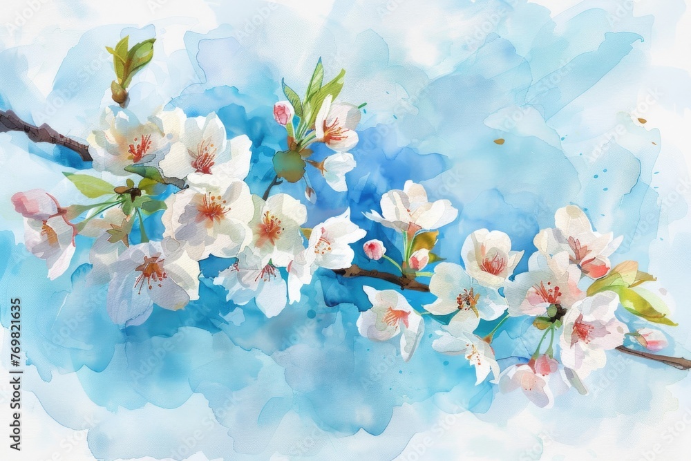 Cherry blossoms against a spring blue sky, watercolor style on white background