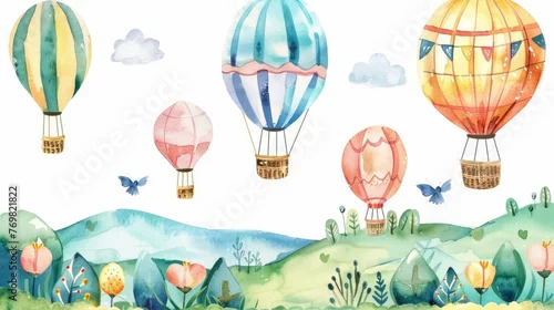 Obraz Hot air balloons over a summer landscape, watercolor adventure on white background