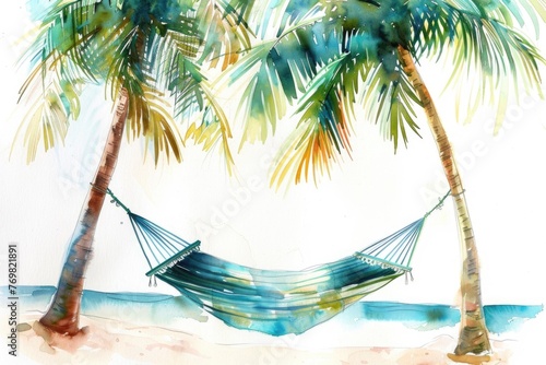 Lazy summer hammock between palm trees, watercolor relaxation scene on white