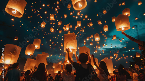 Warmly illuminated sky lanterns ascend into the night sky symbolizing hope and dreams during a festive event