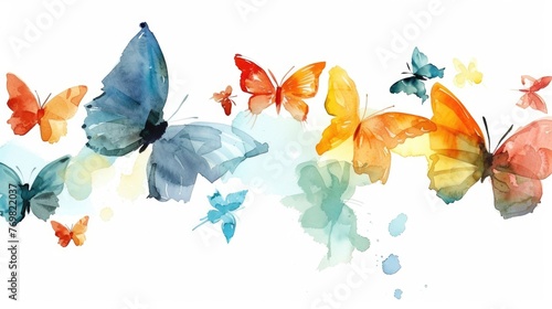 Spring butterfly migration, colorful watercolor wings flutter on a white background photo