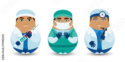 A set of three the Tilting Toy. Medical staff: doctor, ent-doctor, anesthesiologist. Design tilting toy. Modern kawaii dolls for your business project