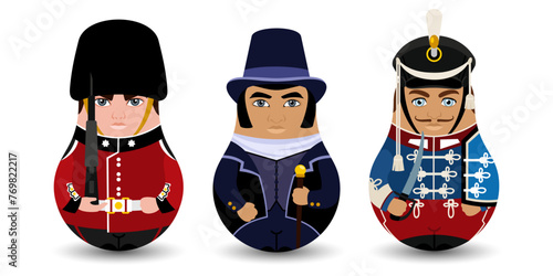 A set of three Tilting Toys with tall hats. The Guardsman. The gentleman. The Hussar. Design tilting toy. Modern kawaii dolls for your business project photo