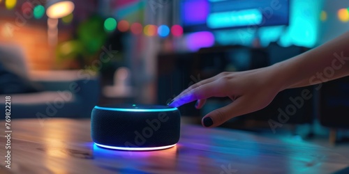 A person using voice commands with a smart speaker. 