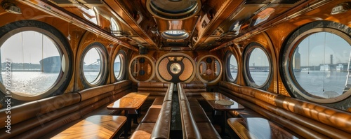 Classic space ferry  wood-paneled interior  viewing decks for star gazing