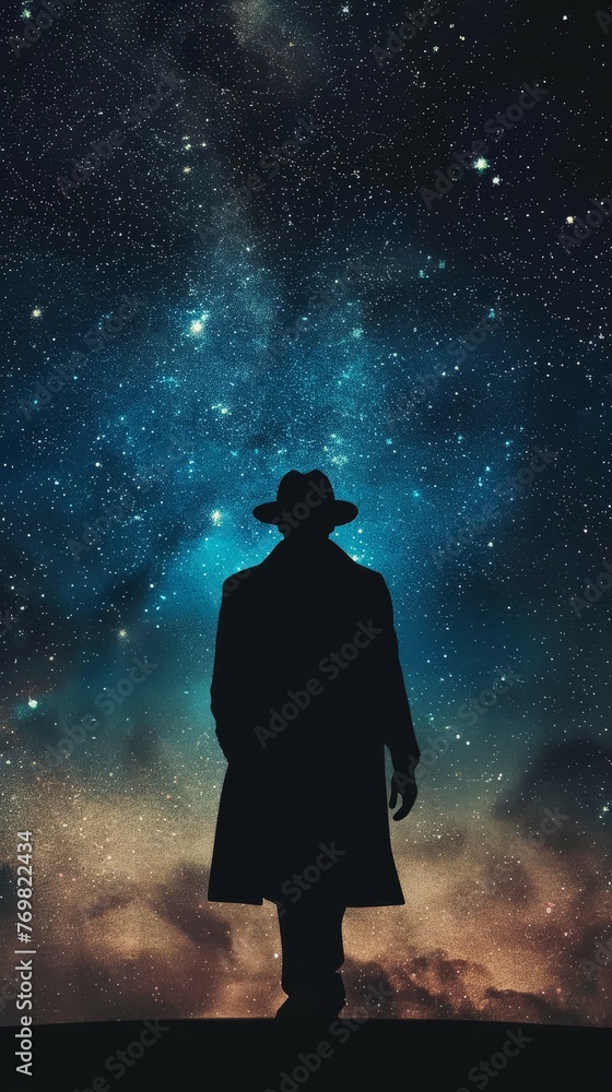 Old-fashioned cosmic detective, trench coat and fedora, solving mysteries in the galaxy