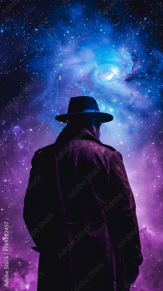 Old-fashioned cosmic detective, trench coat and fedora, solving mysteries in the galaxy