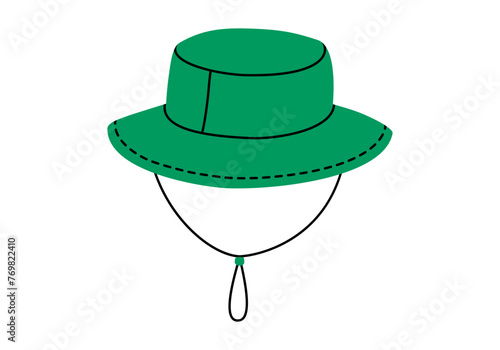 Hand drawn cute cartoon illustration of camping hat. Flat vector outdoor tourist cap sticker in colored doodle style. Tourism protection headdress from sun icon or print. Adventure, hiking. Isolated.