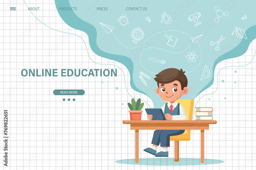 Online education website template. E-learning concept banner. Cute schoolboy sitting at table and studying online. Illustration, template for landing page. Vector Online education website template. E-learning concept banner. Cute schoolboy sitting at table and studying online. Illustration, template for landing page. Vector