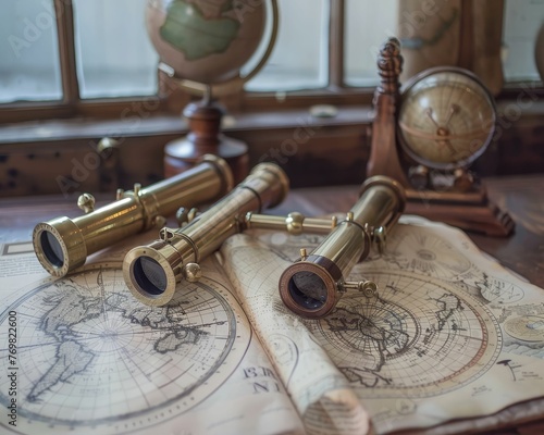 Old-fashioned planetary observatory, brass telescopes, hand-drawn star maps