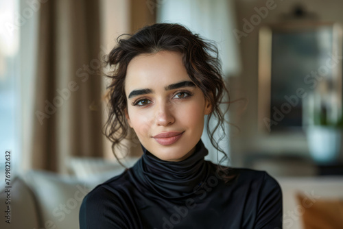 Portrait of a diverse woman with a captivating look in a residential setting