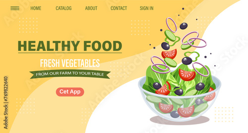 Web page design template for fresh vegetables, natural products, organic food, online food delivery, recipes. Illustration, landing page, poster, banner.