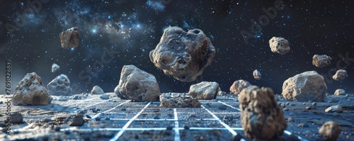 Old-school asteroid hopscotch, playing games across floating rocks, space background photo