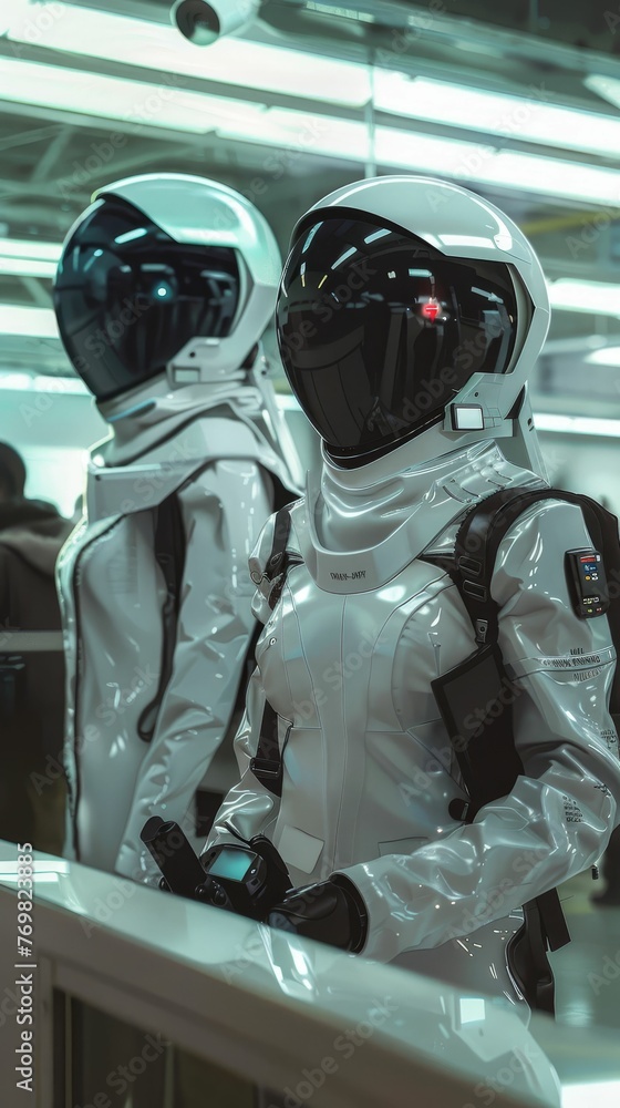Fototapeta premium Retro-futuristic spaceport security, ray gun scanners, robots checking IDs, stylish uniforms