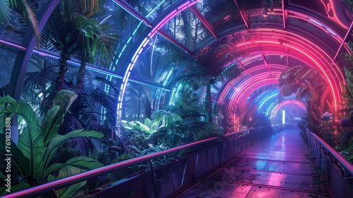 Retro-futuristic space zoo, neon cages, extinct creatures revived through cloning