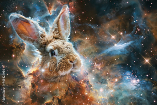 An artist's vision of a rabbit emerging from the colorful clouds of the interstellar space