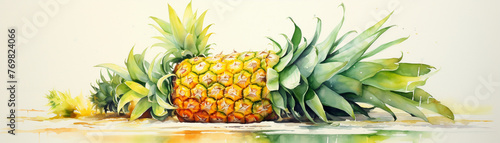 Halfcut pineapple in watercolor, rich interior detail, white background, eyelevel, soft glow photo