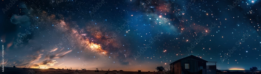 Fototapeta premium Vintage interstellar bed and breakfast, cozy quarters, breakfast overlooking a nebula