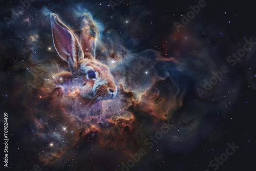 A celestial rabbit image amidst a sparkling nebula, exhibiting a sense of wonder and vastness in the cosmos