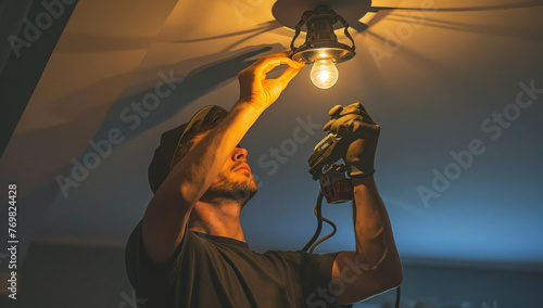 Male electrician installing light bulb on ceiling fixture in modern home renovation project concept