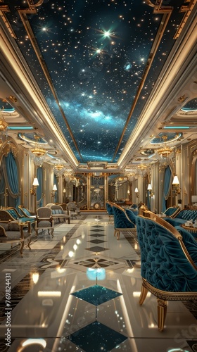 Vintage space cruise liner, luxury travel among the stars, elegant ballrooms