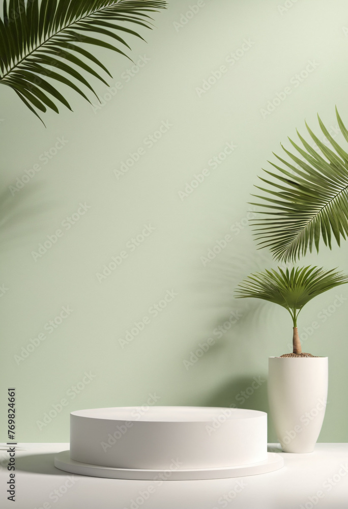 The design layout features a white podium on green with tropical indoor flowers and leaves. The design layout features a white podium on green with tropical indoor flowers and leaves.