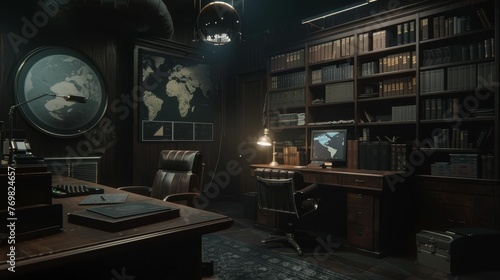 1940s detective office on a space colony, solving interstellar mysteries, retro tech photo