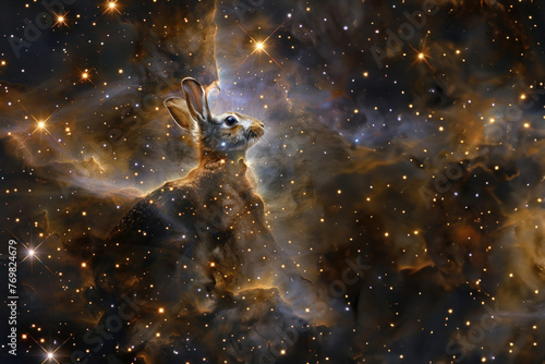 An ethereal image where a rabbit materializes from a billowing cloud of nebula gases