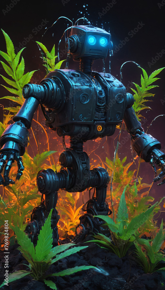 Fototapeta premium Robot in the tropics with glowing eyes. Future