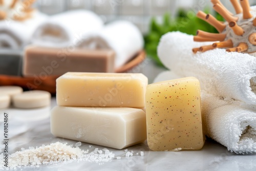 several solid shampoo bars in a spalike setting
