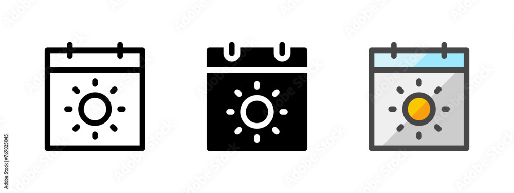 Multipurpose sun calendar vector icon in outline, glyph, filled outline style. Three icon style variants in one pack. Multipurpose sun calendar vector icon in outline, glyph, filled outline style. Three icon style variants in one pack.