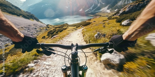 A cyclist speeding down a mountain trail, surrounded by breathtaking scenery. 