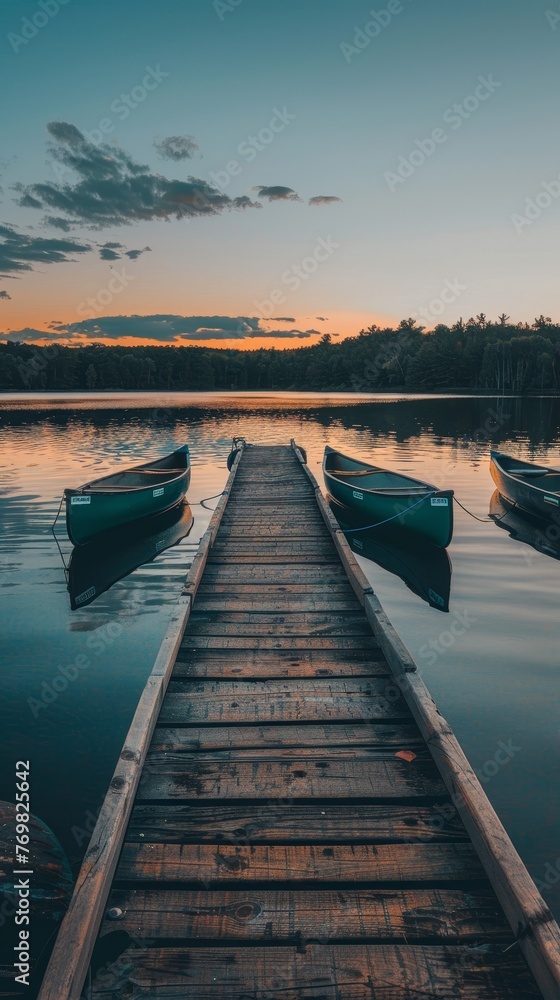An autumnal twilight descends on a serene lake with canoes resting beside a weathered pier, reflecting the stillness of the season.