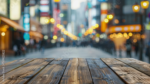 Empty wooden table, with Kabuki Cho Shinjuku Blur bokeh view photo