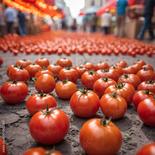 Tomato festival in Spain Tomatino. Tomatoes lie on the city streets photo