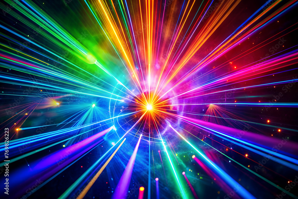 Naklejka premium Colorful light burst with a black background. Neon background lighting, neon background.