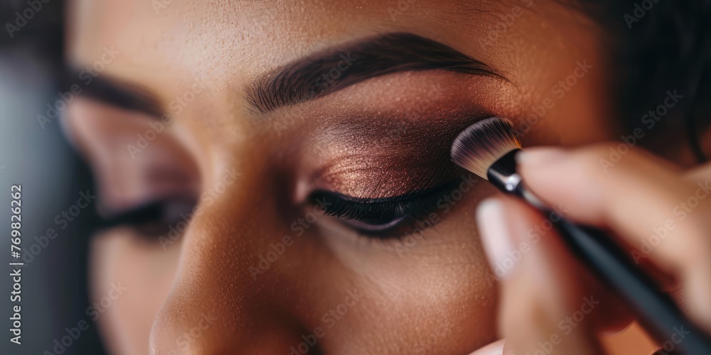 A woman blending eyeshadow colors for a smokey eye look, promoting eyeshadow blending skills. 
