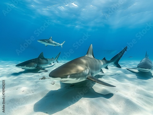 A tranquil underwater scenery featuring a group of reef sharks gracefully swimming over sandy seabed with clear blue water and sunlight above. © cherezoff