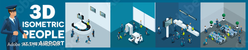 Large set of isometric, 3D people at the airport businessmen with suitcases, travelers, flight attendants and a navigator with bags for flights